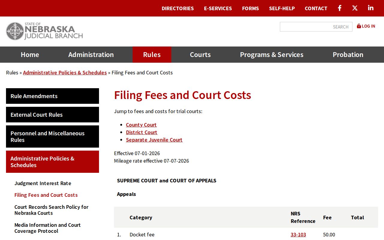 Valley County civil docket Nebraska current court fee schedule reference